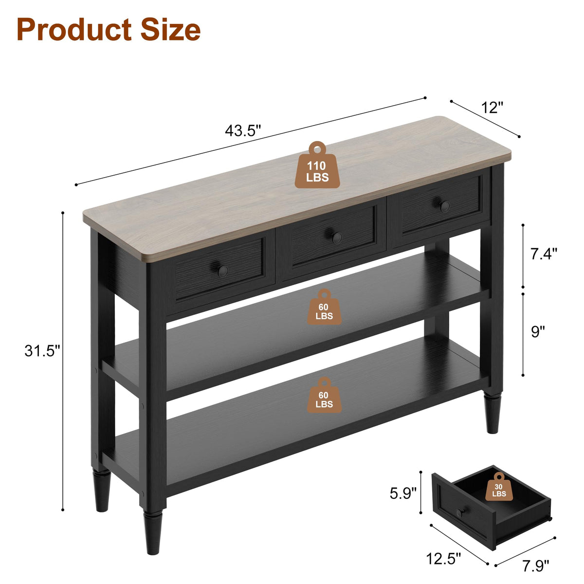 43" Farmhouse Entryway Table with 3 Drawers 2 Shelves