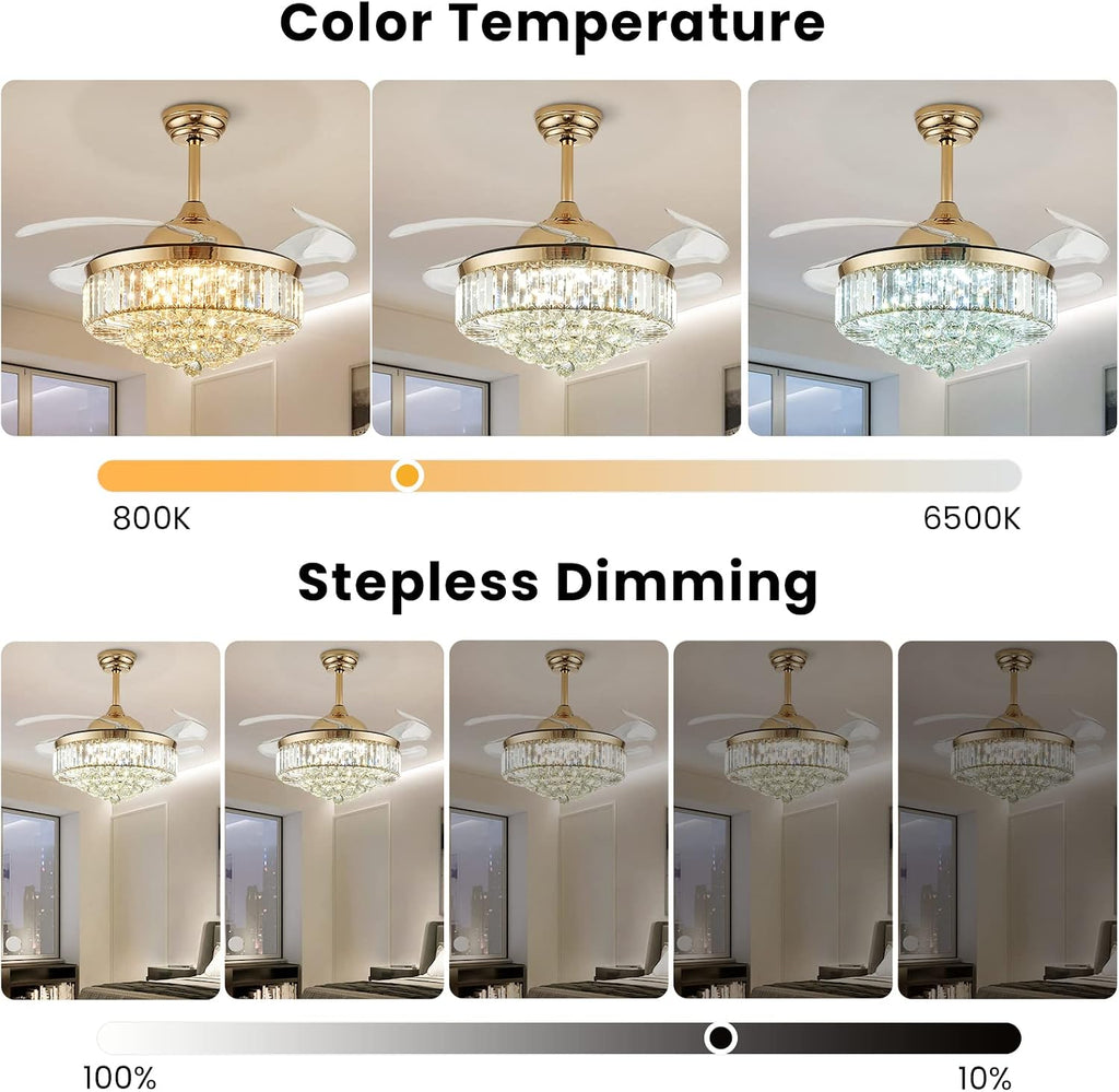 Gold Crystal Retractable Ceiling Fan with Light & Remote