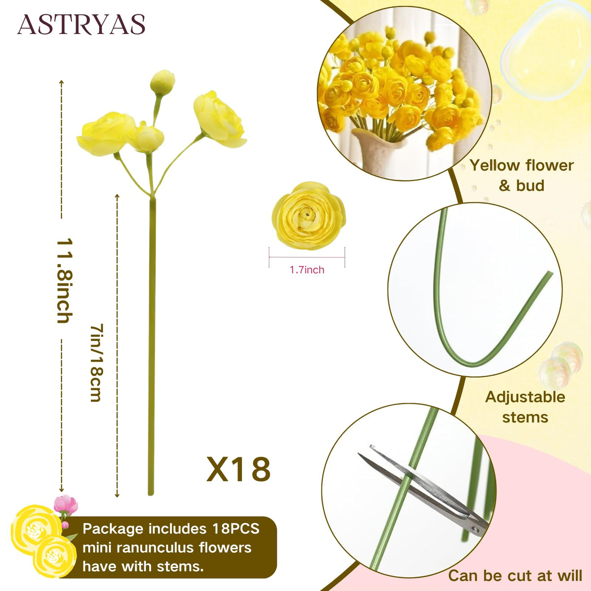 18Pcs Ranunculus Artificial Flowers, Yellow Faux Silk Mini Peony Flowers Fake Peonies Wedding Flowers DIY Bouquet for