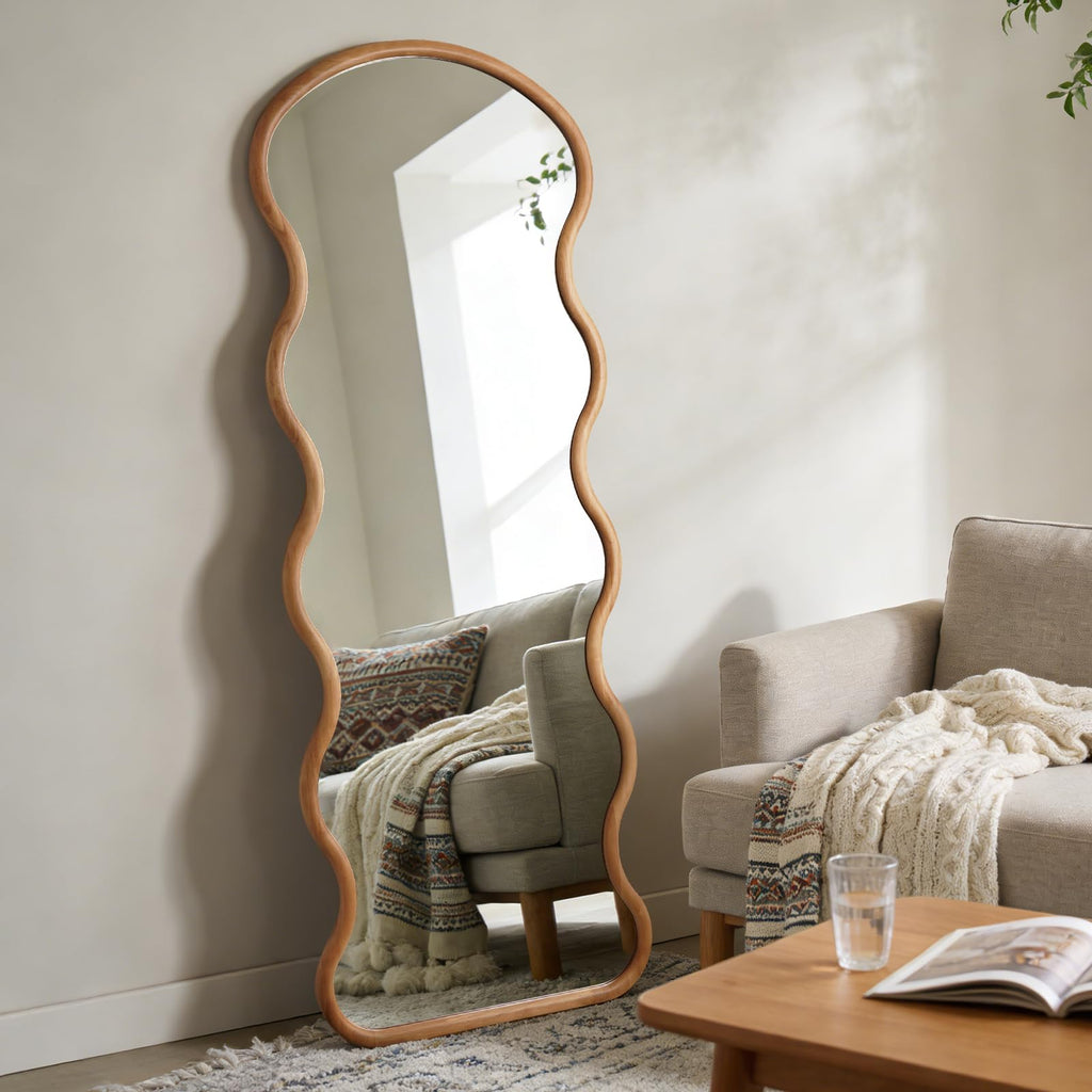 24"x65" Full Length Wood Arched Mirror, Natural Wood Boho Accent Mirror with Wavy Design, Decorative Floor or Wall