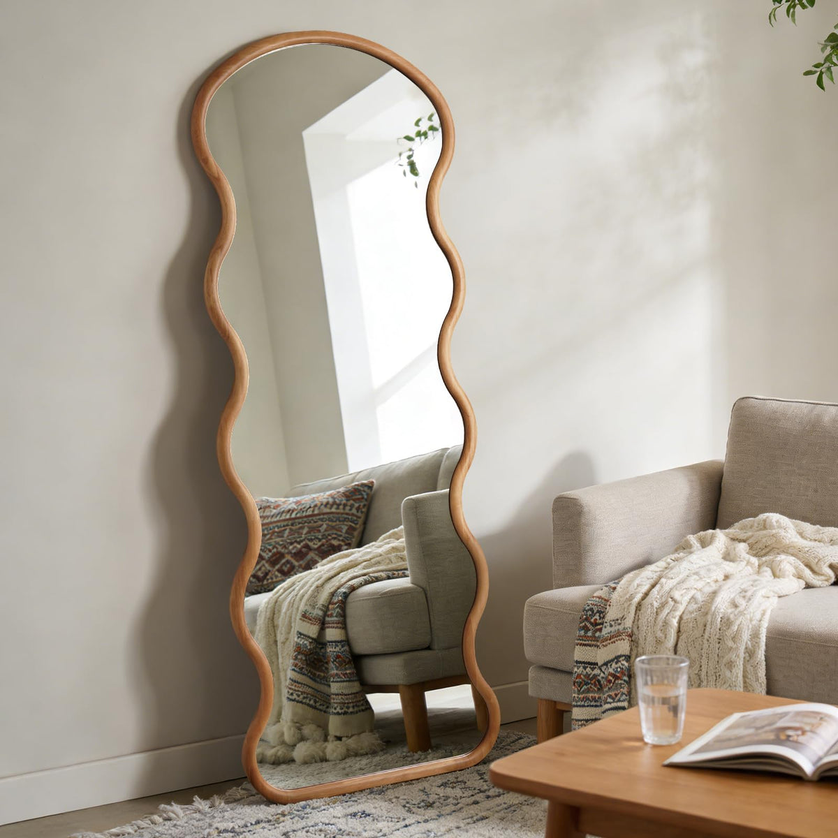 24"x65" Full Length Wood Arched Mirror, Natural Wood Boho Accent Mirror with Wavy Design, Decorative Floor or Wall