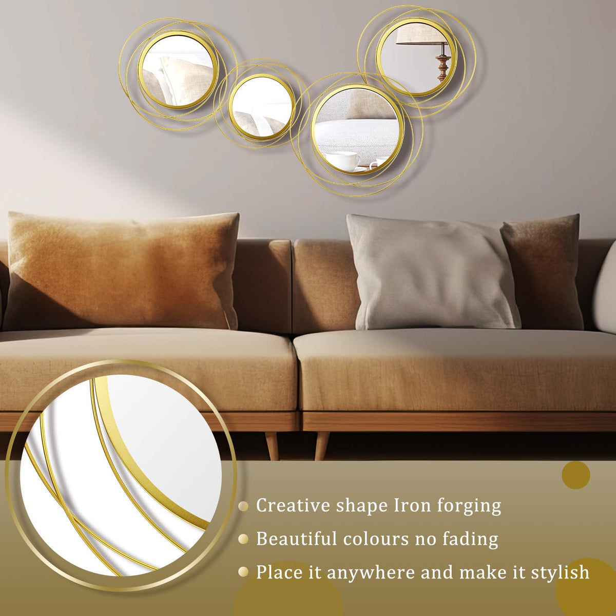 4 Pcs Decorative Wall Mirror Round Modern Circle Mounted Mirror Metal Wall Art Decor Living Room Entryway Dining Room