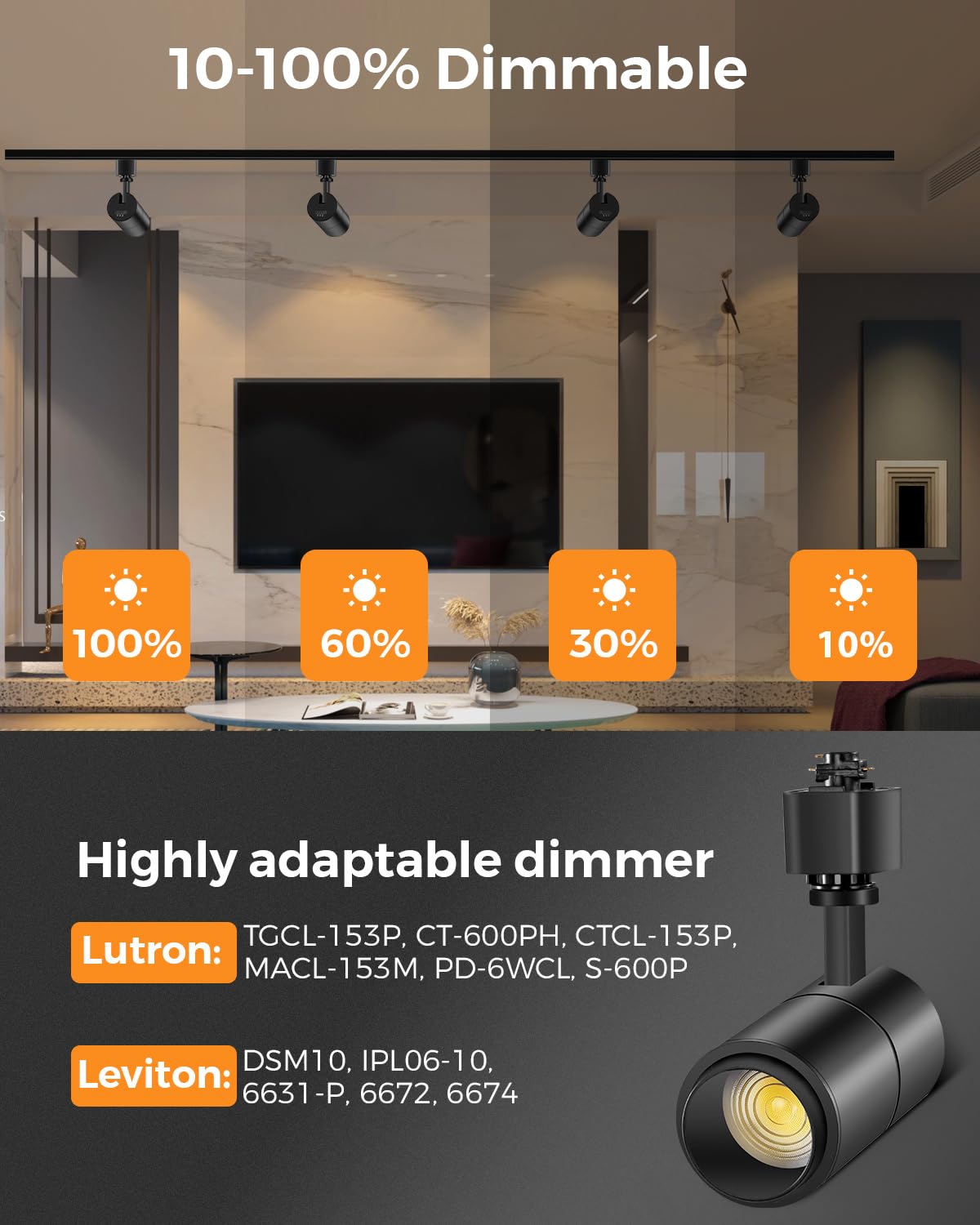 Zoomable 10W LED Track Lighting Heads H Type, Black 6 Pack