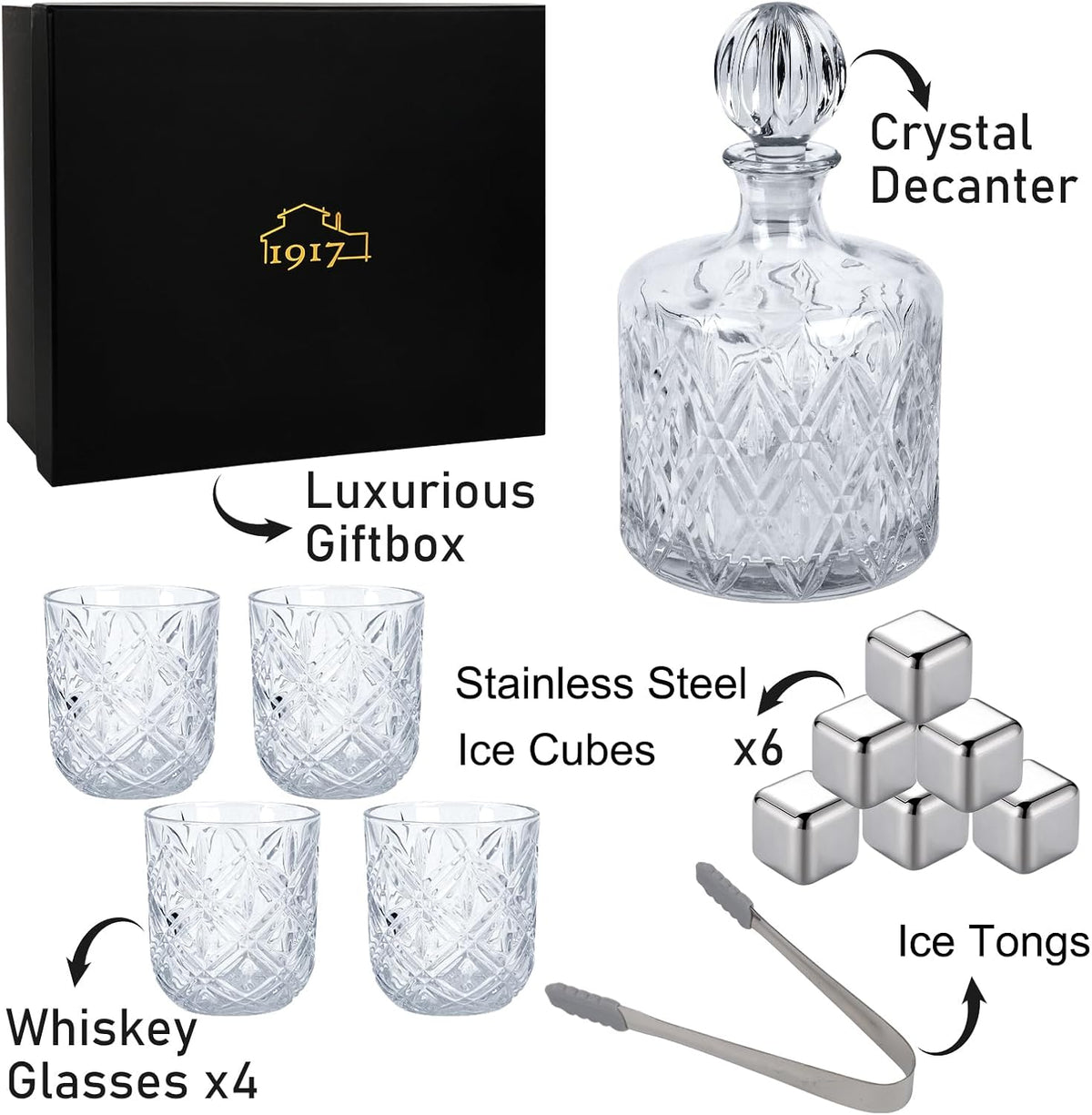 Lead-Free Crystal Whiskey Decanter Set, 37 oz, 4 Glasses, Premium Gift Box for Bourbon, Scotch & Home Bar