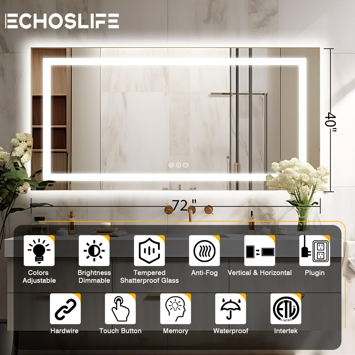 72"x40" Large LED Bathroom Mirror with Lights