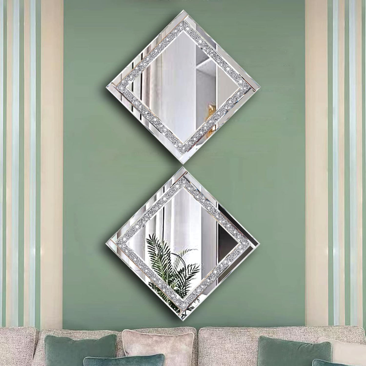 Crystal Crush Diamond Silver Mirror 12'' x 12'' 2PCS,Frameless Stylish Gorgeous Diamond Decor Glam Glass Mirror.