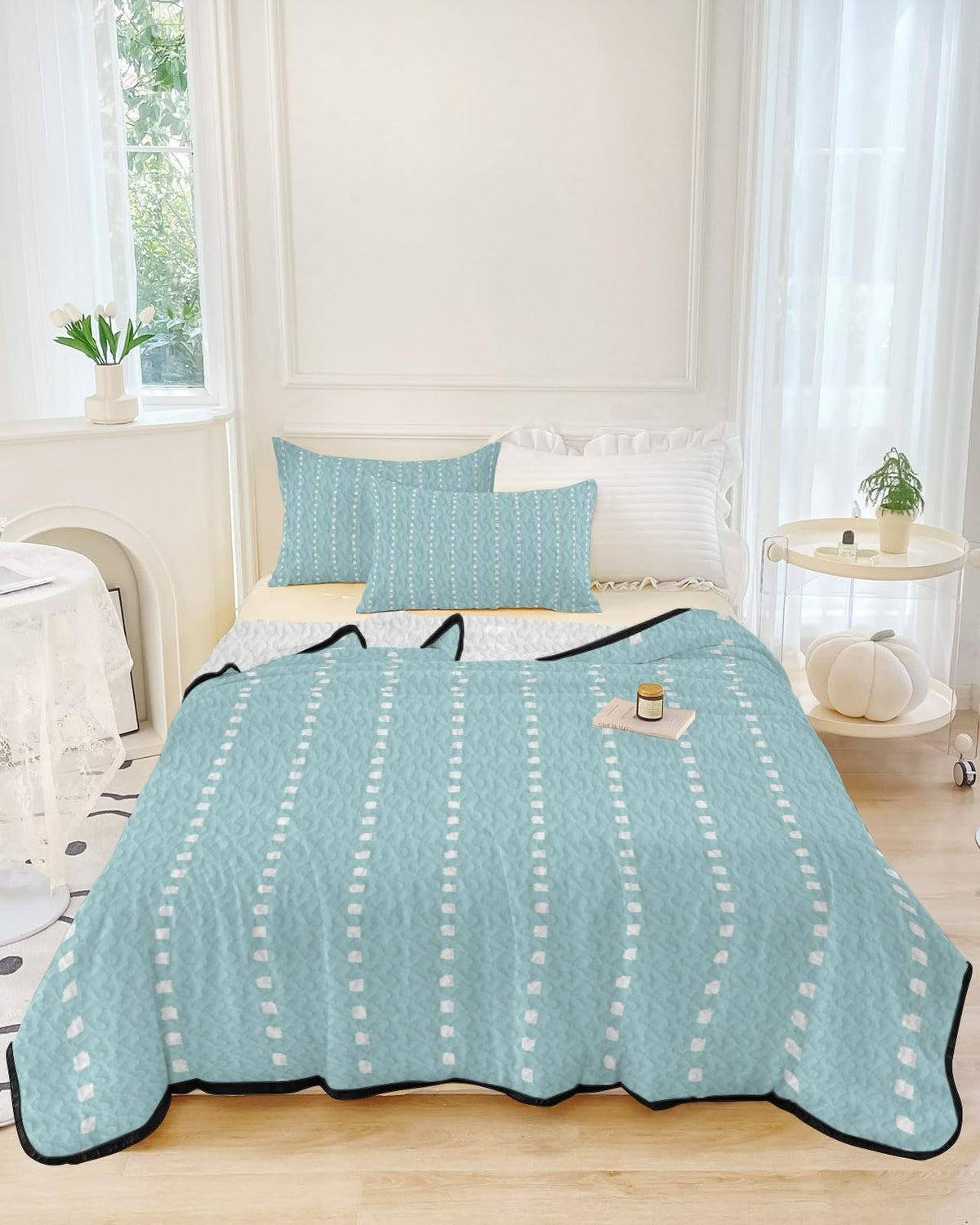 Ticking Quilt Set 3 Pieces Quilted Bedspread- Soft, Light Airy Mint Blue Lightweight Quilt with 2 Pillow