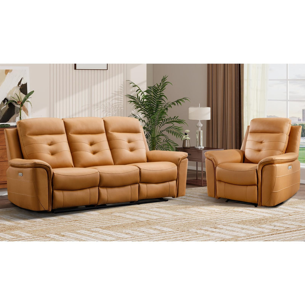 2 Piece Power Faux Leather Recliner Sofa Set, Reclining Living Room Furniture Set, Included Recliner Chair and 3 Seat