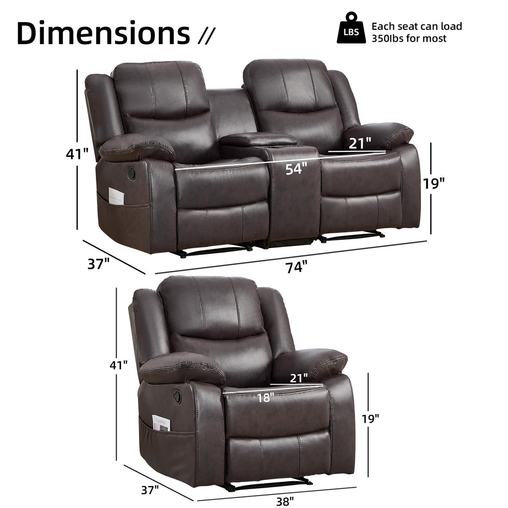 2 Piece Manual Recliner Sofa Set, Faux Leather Reclining Living Room Furniture Set, Included Single Recliner Chair