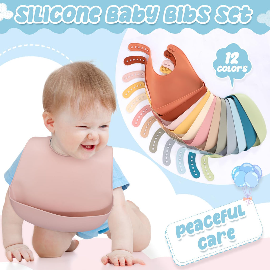 12 Pcs Silicone Bibs for Baby Waterproof Silicone Bib, Fresh Color