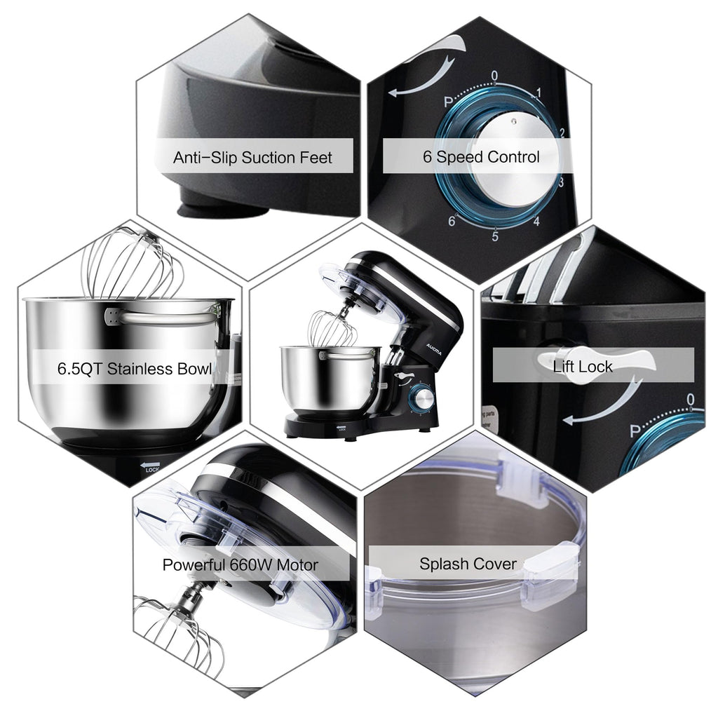 Stand Mixer,6.5-QT 660W 6-Speed Tilt-Head Food Mixer, Kitchen Electric Mixer with Dough Hook, Wire Whip & Beater