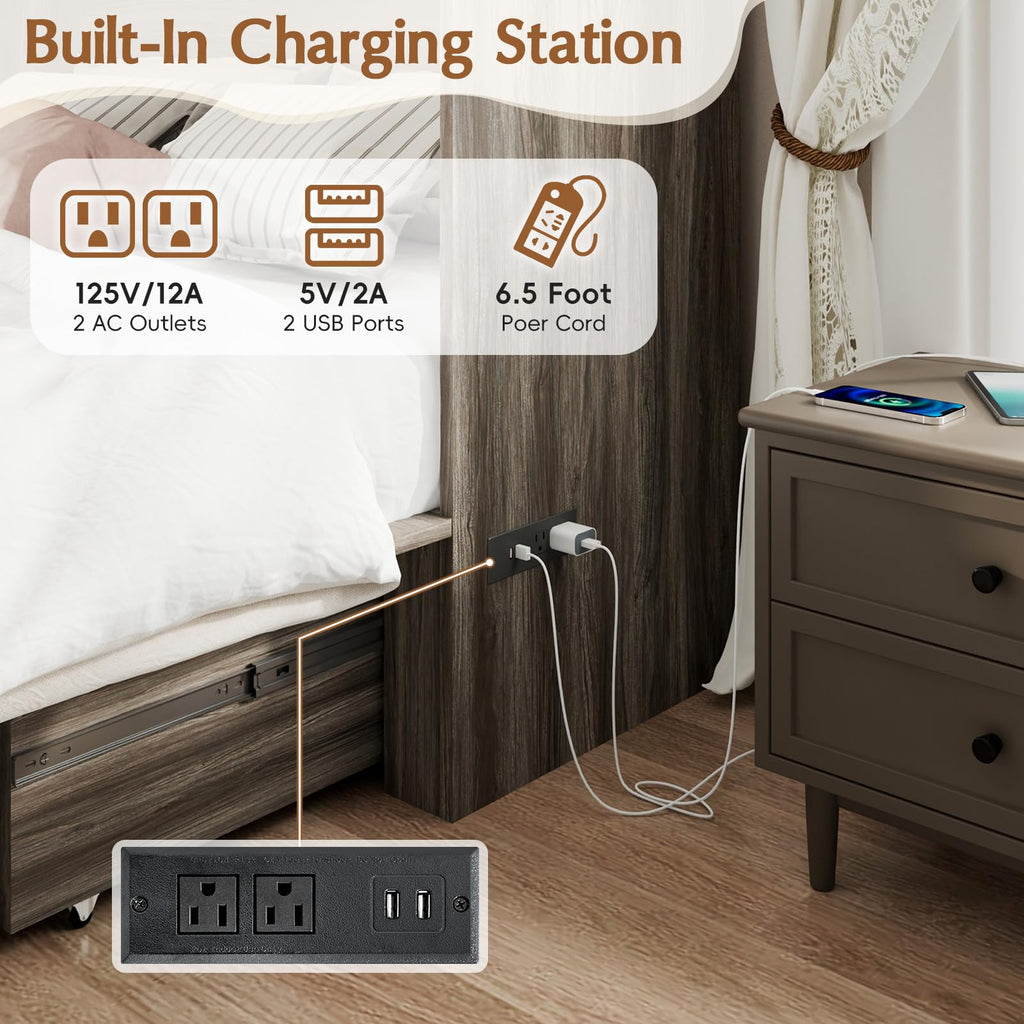 Queen Size Farmhouse Murphy Bed with Drawer&Charging Station, Grey