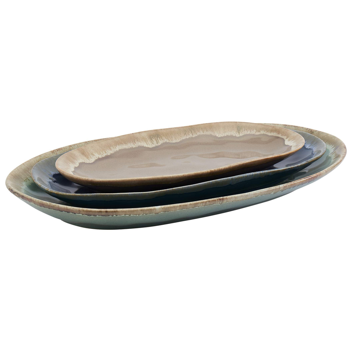 Gallery Tuscan Collection Reactive Glaze 3 Piece Oval Stoneware Serving Trays Platters Kitchen Serveware, Blue Teal