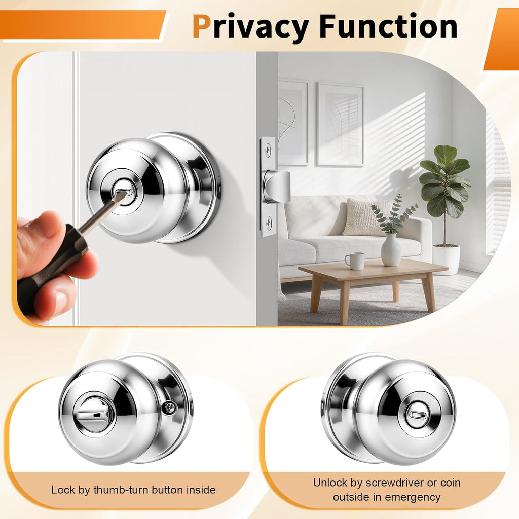 Polished Chrome Privacy Door Knobs, Interior Door Lock Bedroom, Keyless Round Ball Knob Handle, Thumb-Turn Locking, 5
