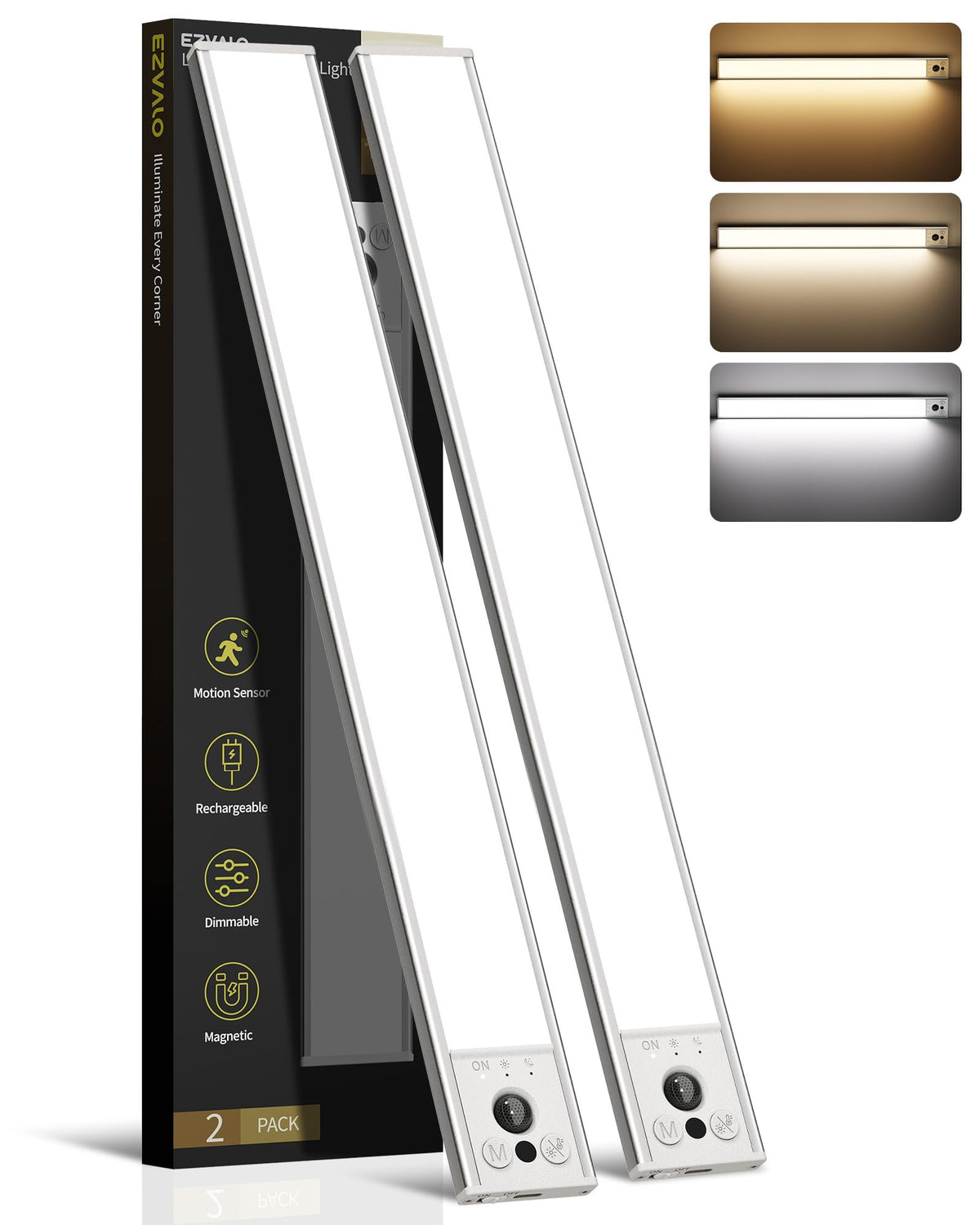 14.5inch Under Cabinet Lighting, 2 Pack 3500mAh Rechargeable Motion Sensor Light Indoor with 3 Color Temperatures
