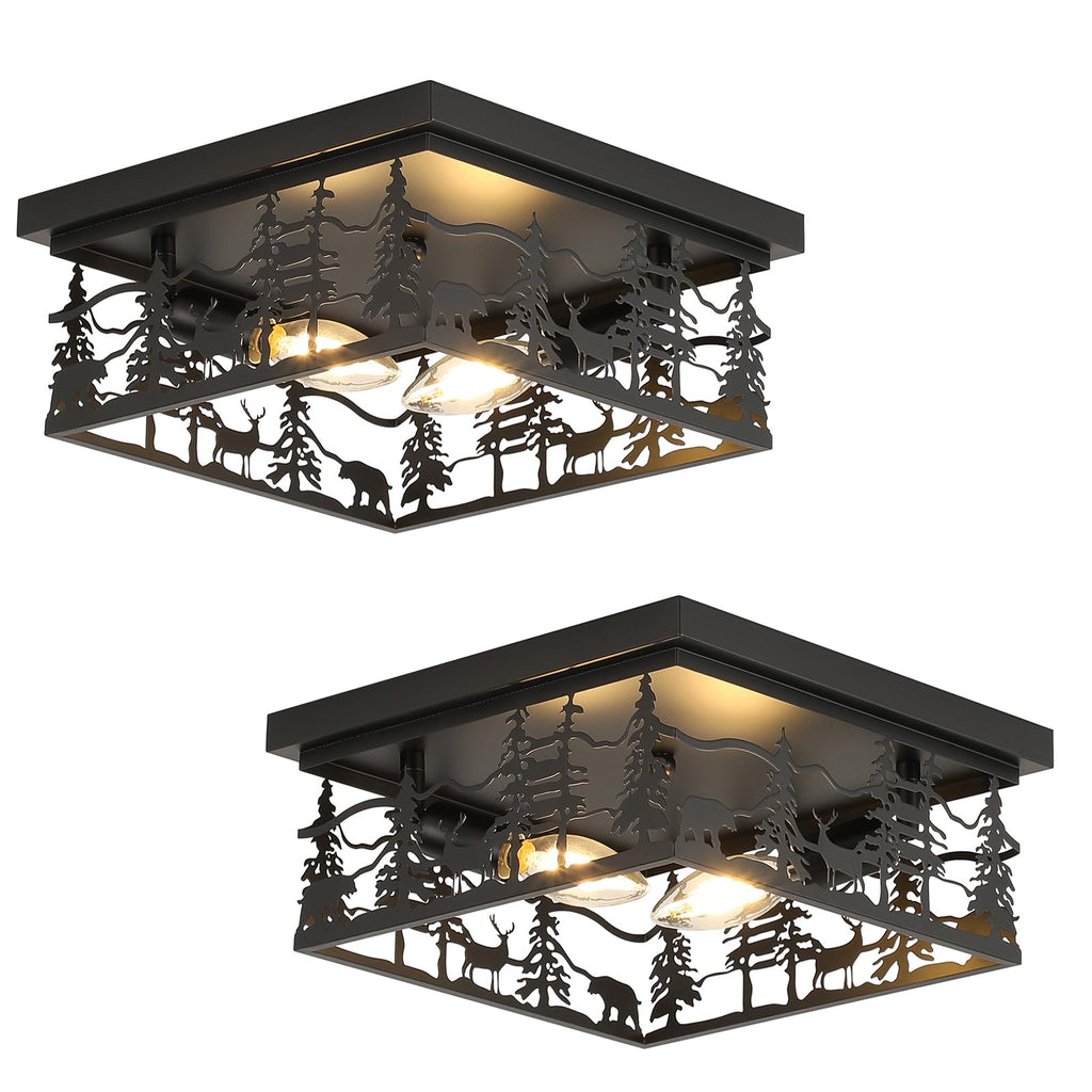 2 Pack Flush Mount Ceiling Light, 11" Rustic Square Ceiling Light