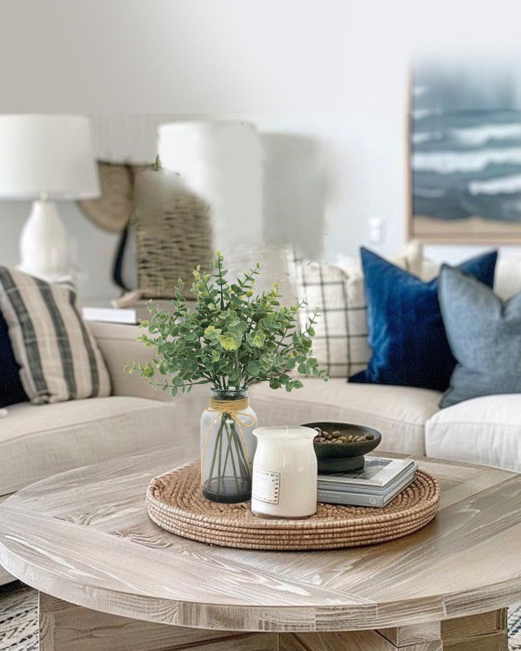 Fake Eucalyptus Stems in Glass Vase with Faux Water, Gray Vase
