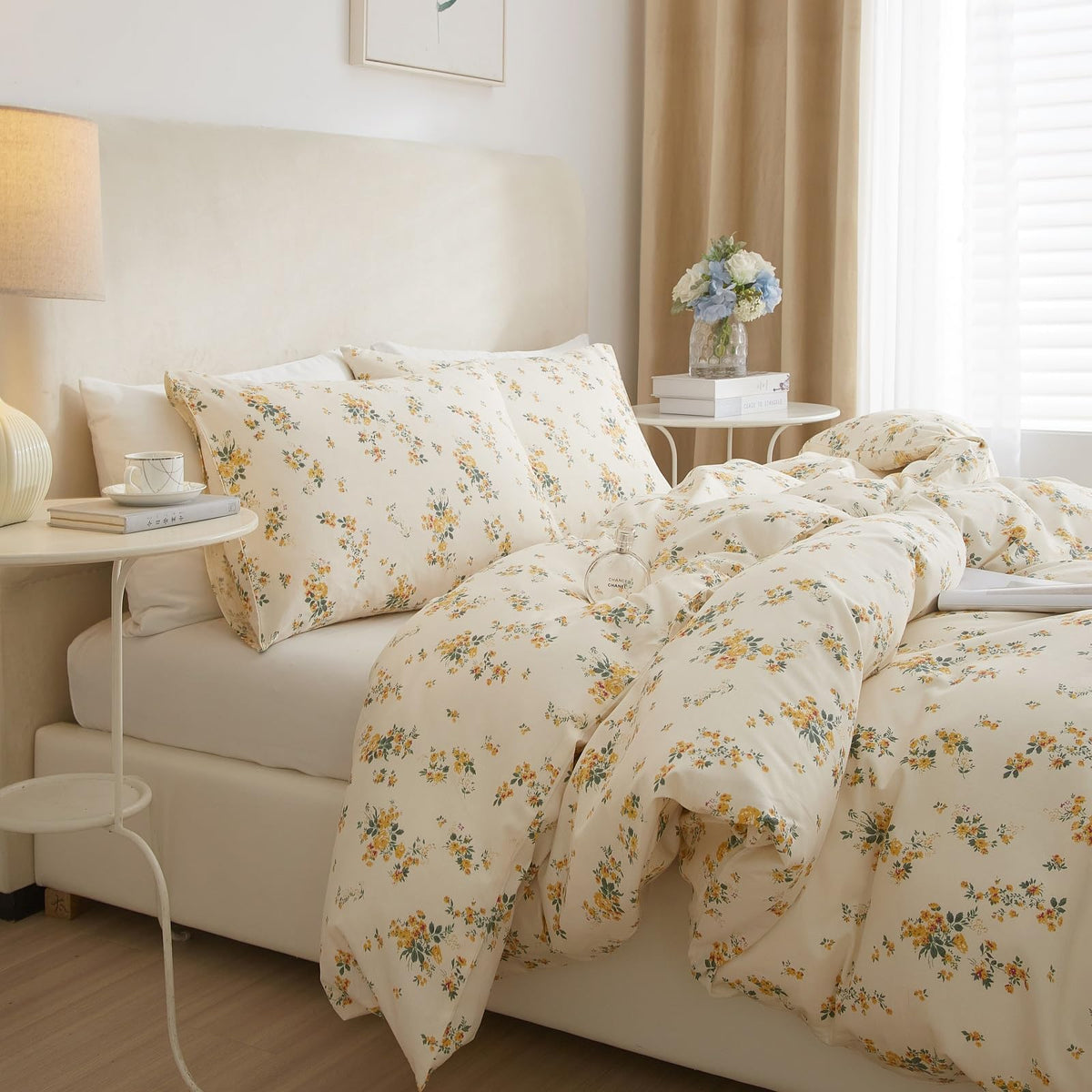 Vintage Yellow Floral Comforter Set King Garden Style Aesthetic Flower Comforter for King Bed Fluffy Lightweight Chic