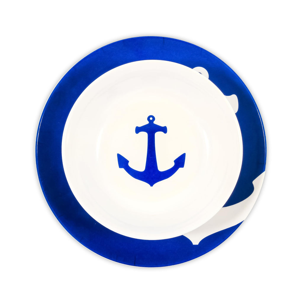 12 Piece Melamine Dishware Set - Features Blue and White Nautical Design - Includes 4 Bowls, 4 Salad Plates, & $