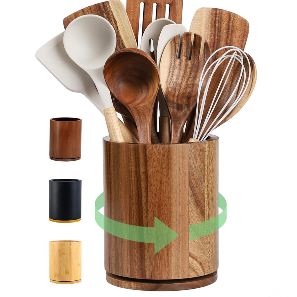 Acacia Wood Utensil Holder, 360° Rotating 7.3 Organizer