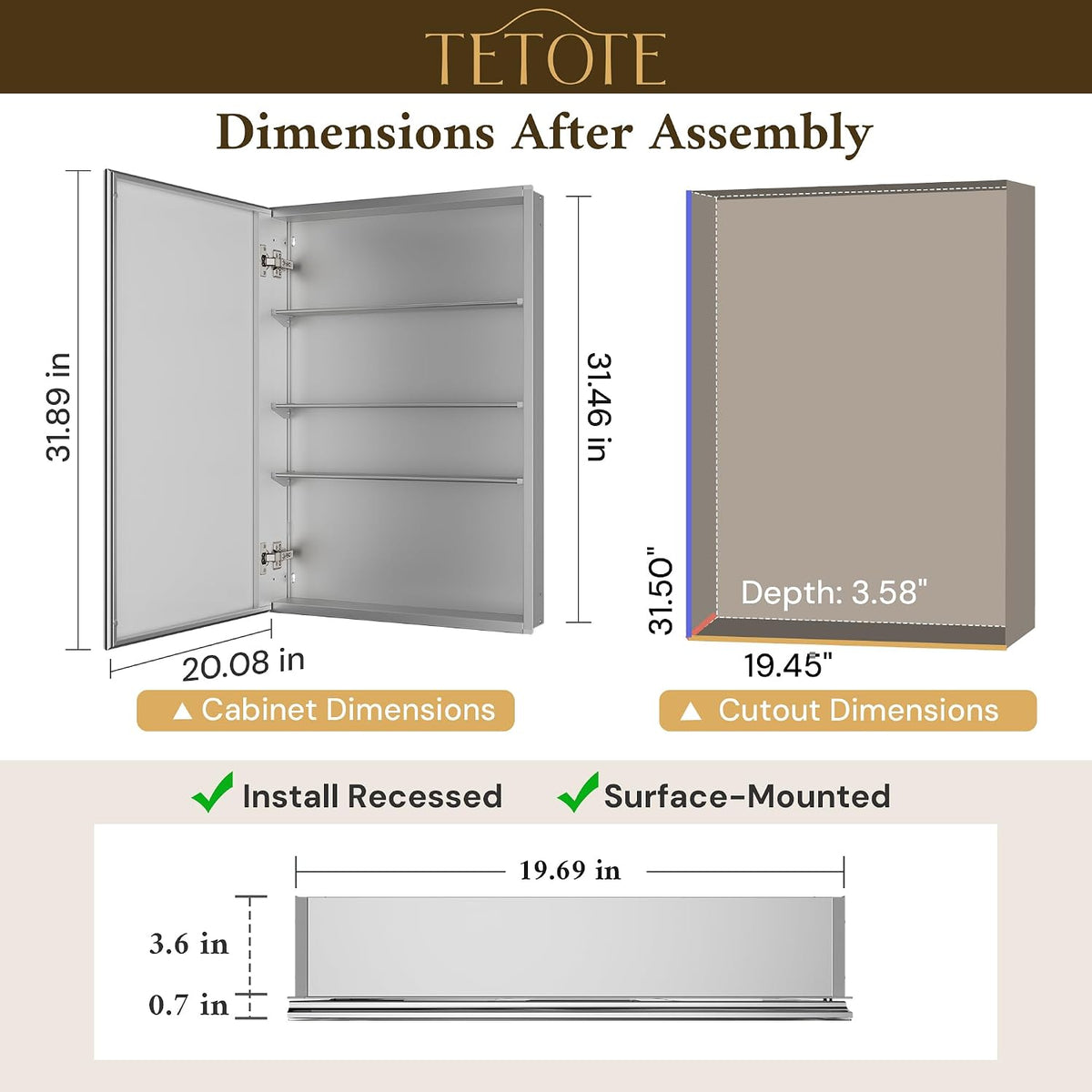 20 x 32 Medicine Cabinet Mirror with Tempered Beveled Mirror Silver Medicine Cabinet Aluminum Cabinet DTC Hinges