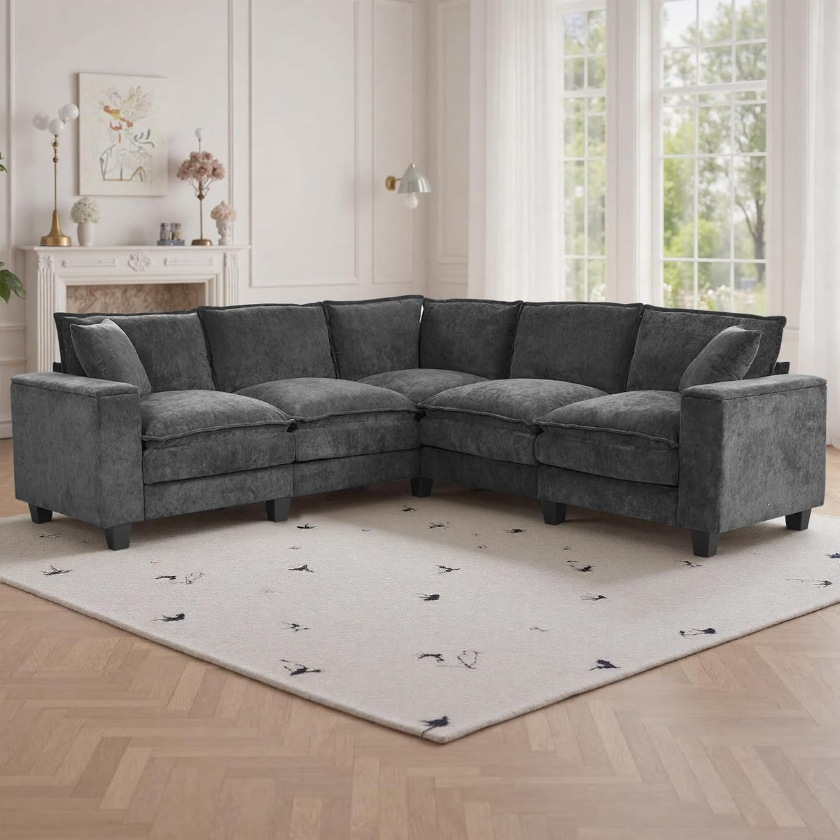 97" 5 Seater L Shaped Couch Corner Sofa, Oversized Cloud Couch with 2 Pillows Chenille Modular Sectional Sofa