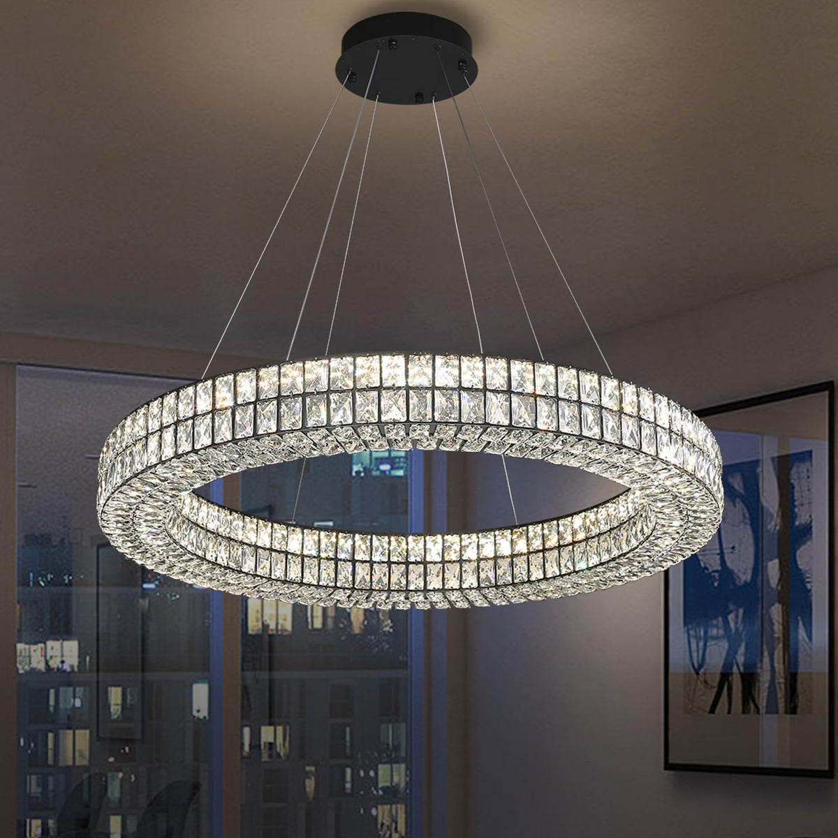 32-Inch Black LED Ring Chandelier with Dimmable Crystal Design
