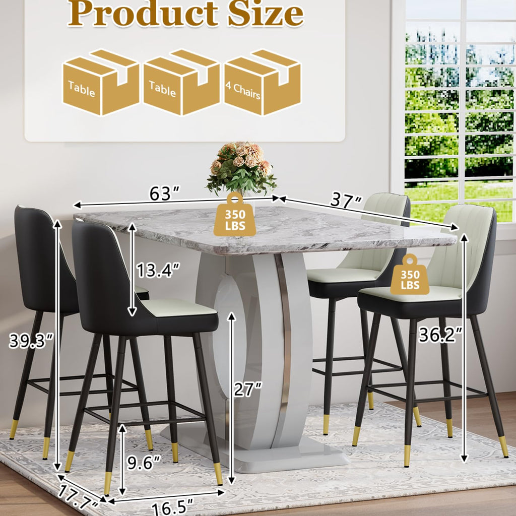 63'' Marble Dining Table Set for 4, Modern Counter Height Dining Table Set, Grey High Top Table with Leather Bar