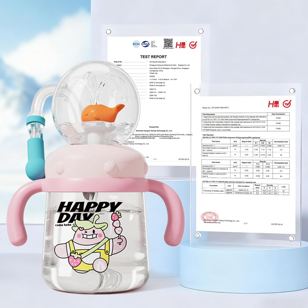 Whale Fountain Cup for Kids Toddlers: 10oz/300ml Spill Proof Toddler Sippy,Straw Cup with Handle & Strap