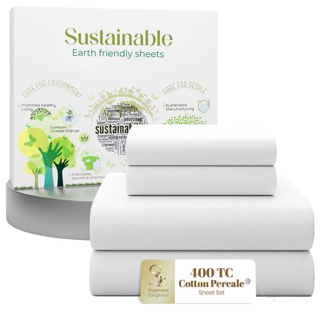 100% Cotton King Size Bed Sheets Set, Snow White, Percale