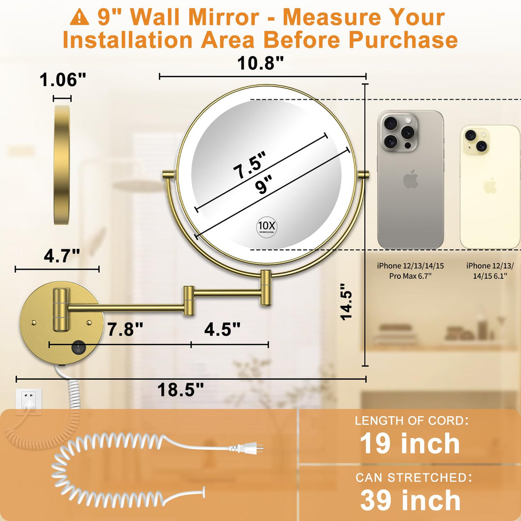 9" Wall Mounted Lighted 1X/10X Magnifying Mirror, Gold