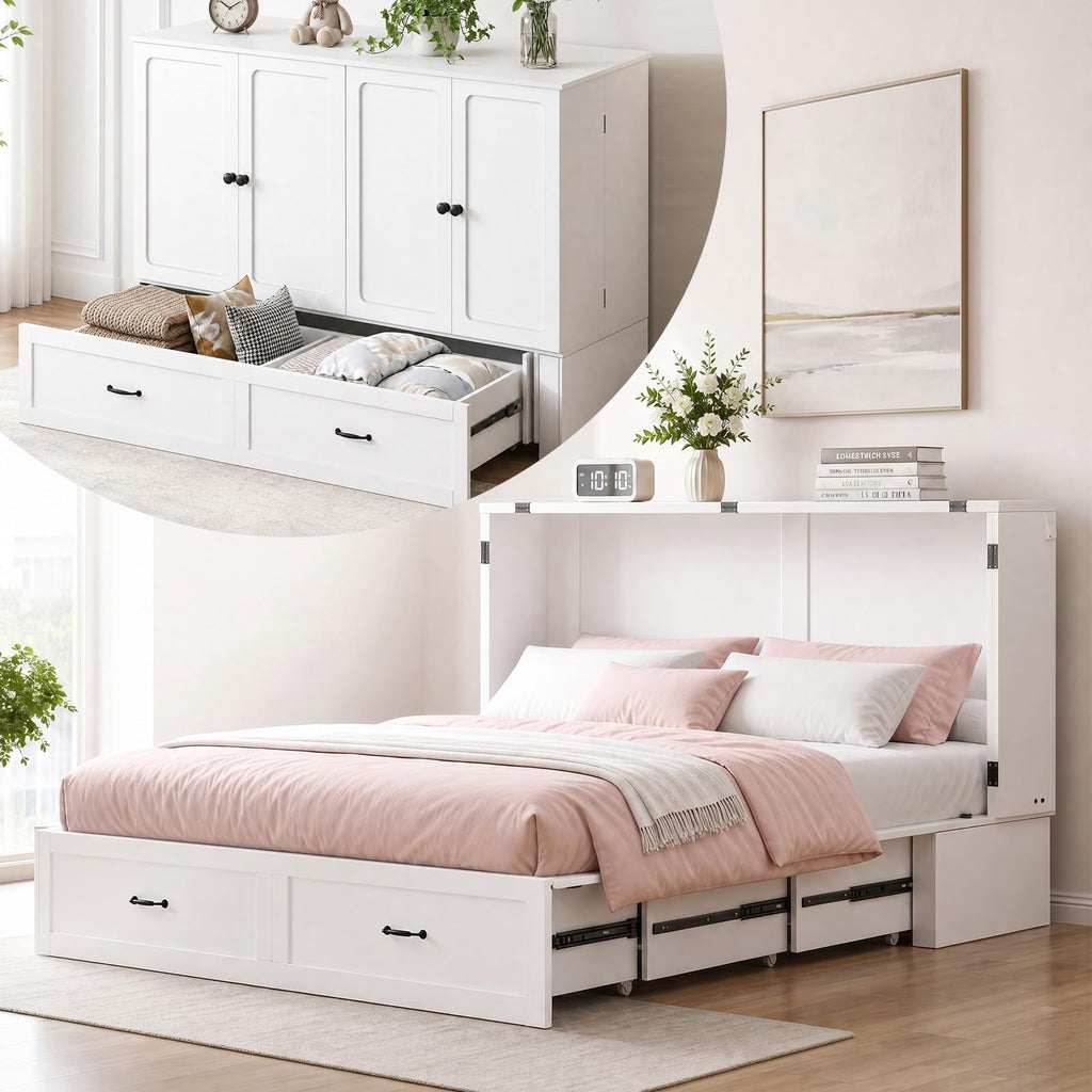 Murphy Bed Queen with Mattress, Storage & Charging Station-White
