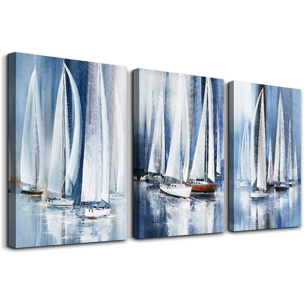 3 Piece Framed canvas wall art bathroom bedroom Wall Art Decor Ocean landscape sailboat abstract Canvas painting