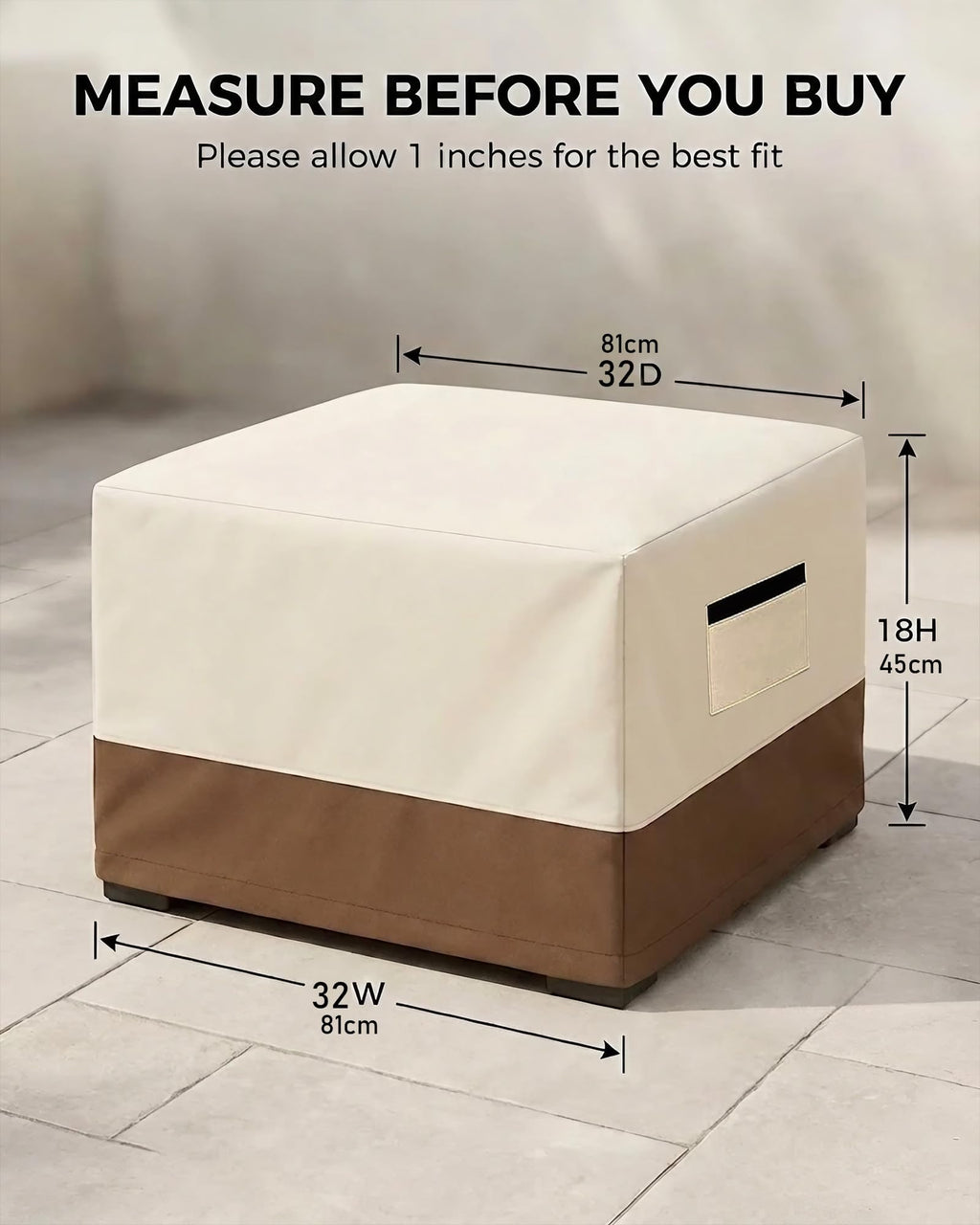 Waterproof Patio Ottoman Cover, Square Outdoor Side Table Furniture Cover with Padded Handles, 600D Heavy Duty