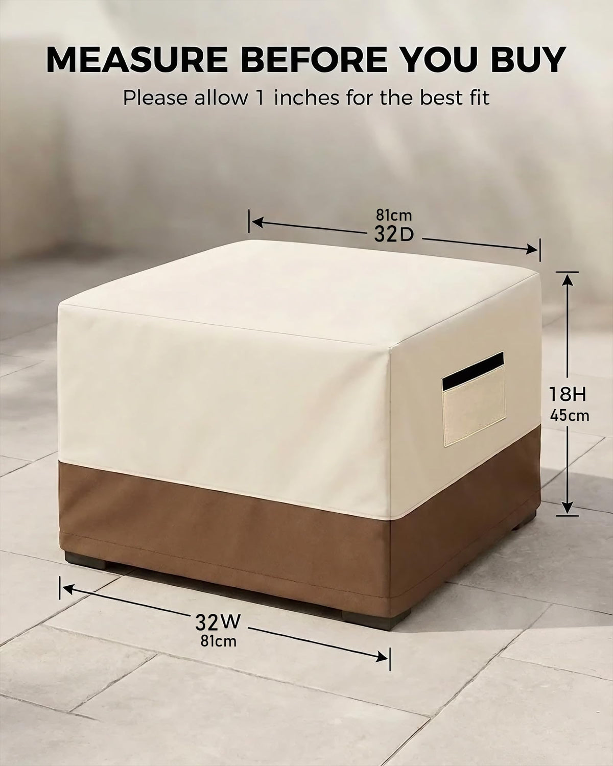 Waterproof Patio Ottoman Cover, Square Outdoor Side Table Furniture Cover with Padded Handles, 600D Heavy Duty