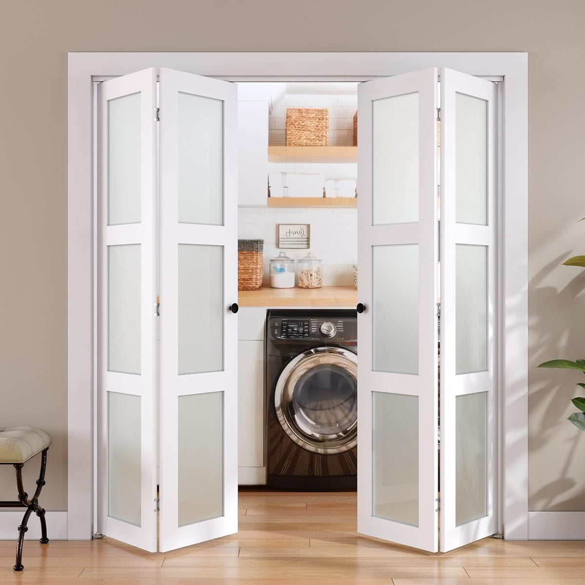 Bifold Door, for 64"x 80" Opening,Tempered Frosted Glass Closet Folding Barn Door with Hardware Kit, Water-Proof PVC