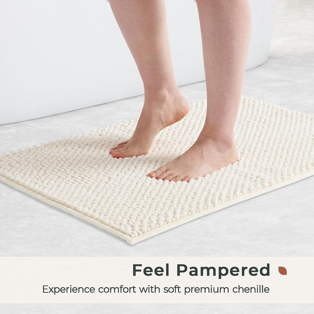 Chenille Bath Rugs Set 2 Pieces, Cream White, 17''x24''+20''x32'' | Non-Slip Bathroom Mats Set, Absorbent Fiber