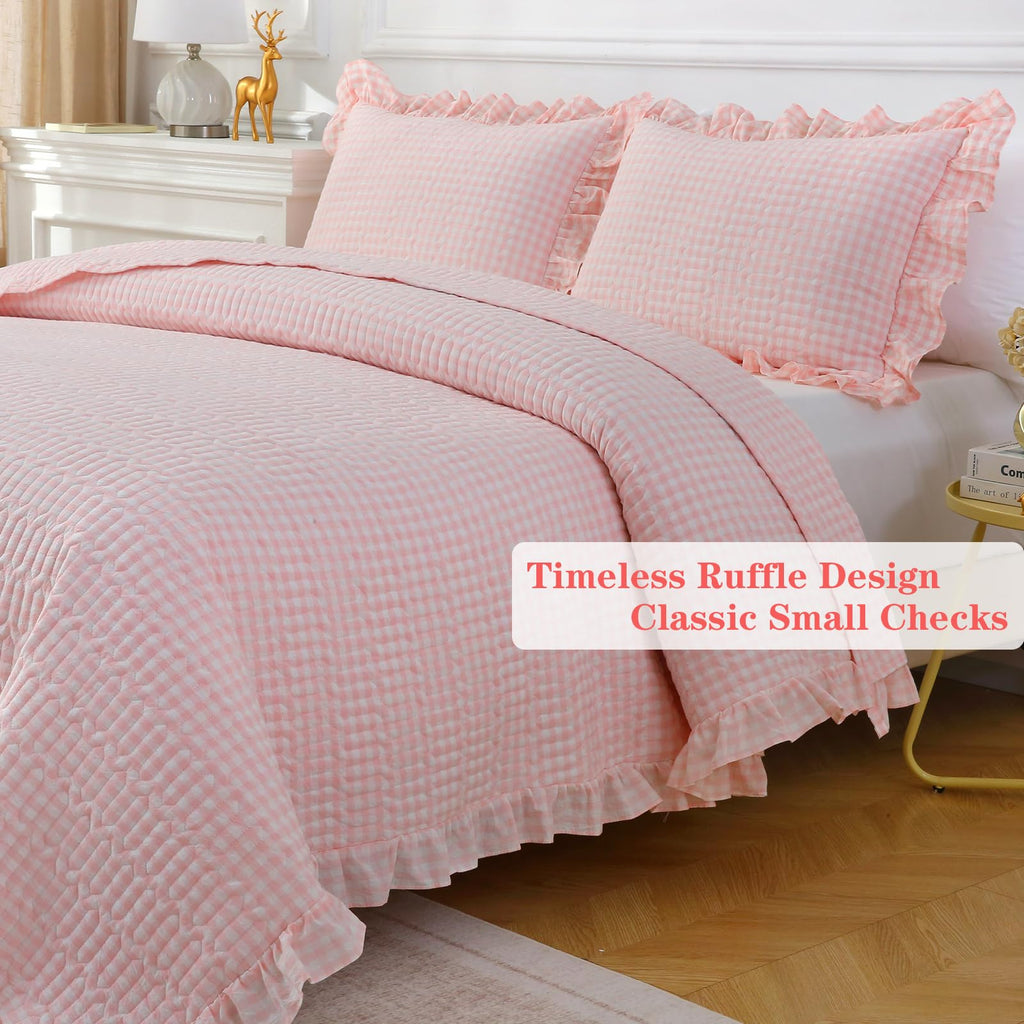 Blush White Ruffle Gingham Quilted Bedspread Set