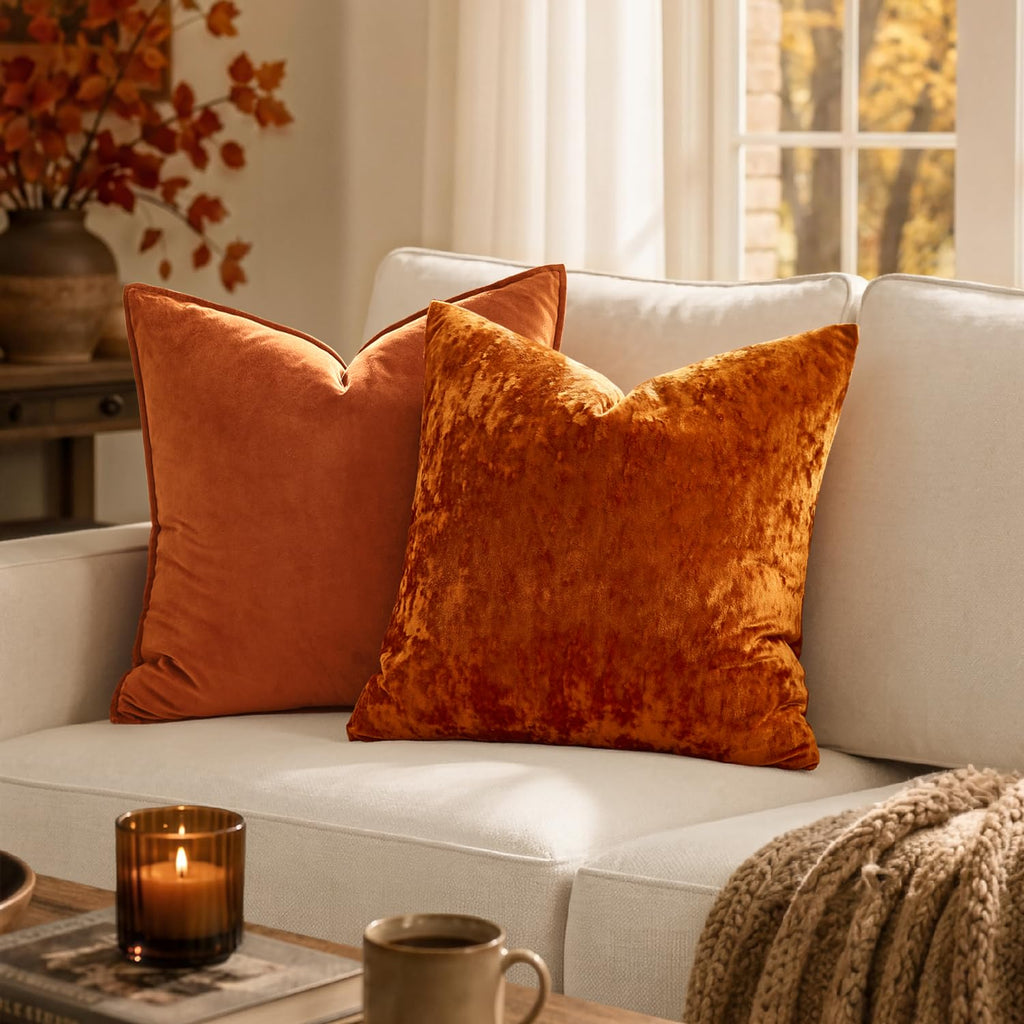 Fall Velvet Throw Pillow Covers Burnt Orange 16x16 inch Set of 2
