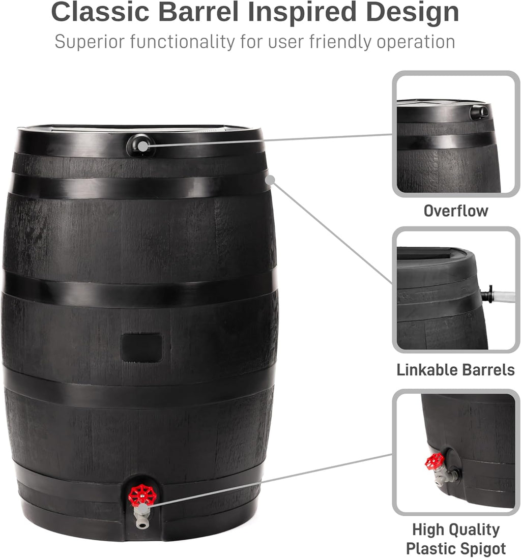 50-Gallon ECO Rain Barrel Made with 100% Recycled Plastic, Flat Back Rain Water Collection Barrel, Stand Included, Black