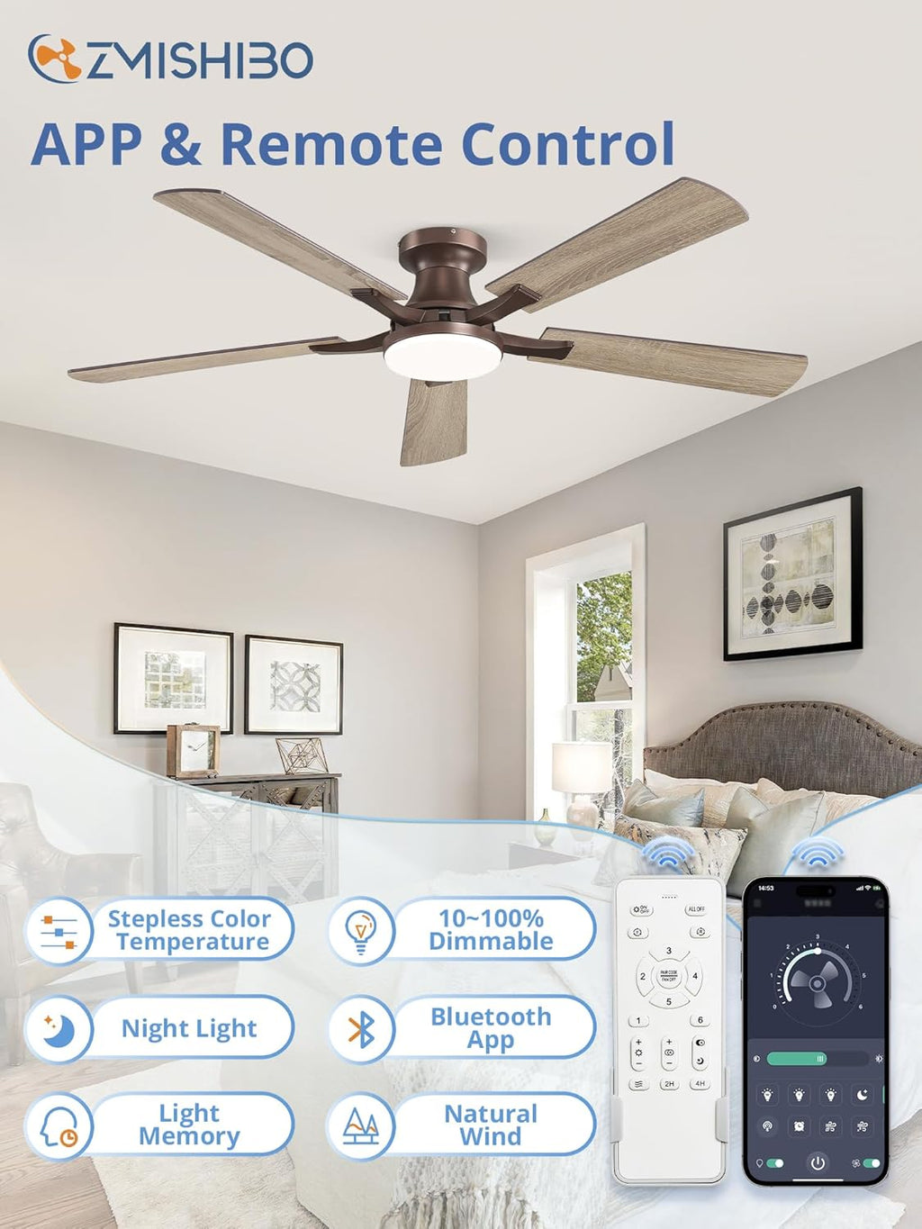 52" Brown Flush Mount Ceiling Fan with Light & Remote