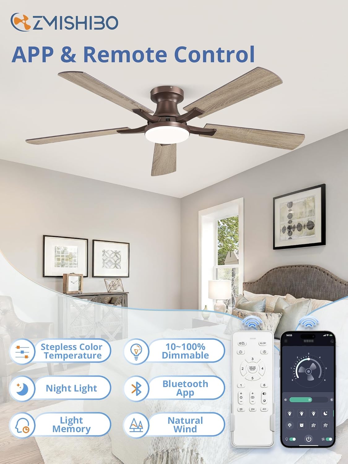 52" Brown Flush Mount Ceiling Fan with Light & Remote