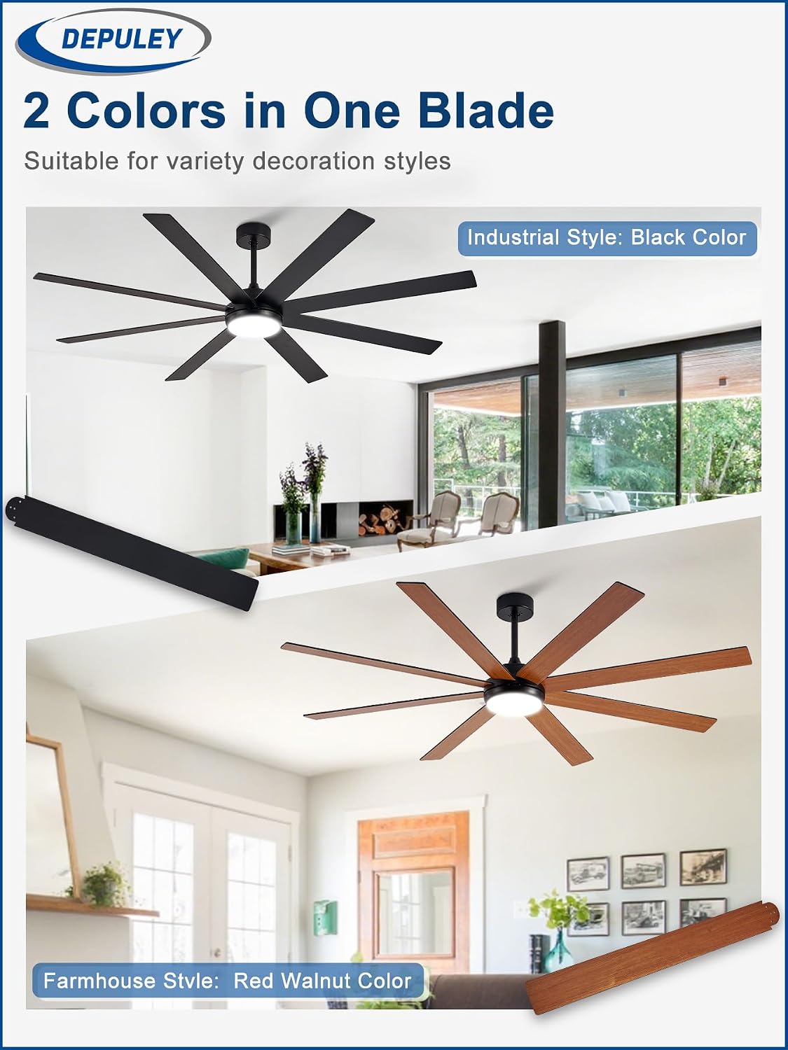 72" Black Indoor/Outdoor Ceiling Fan with Light