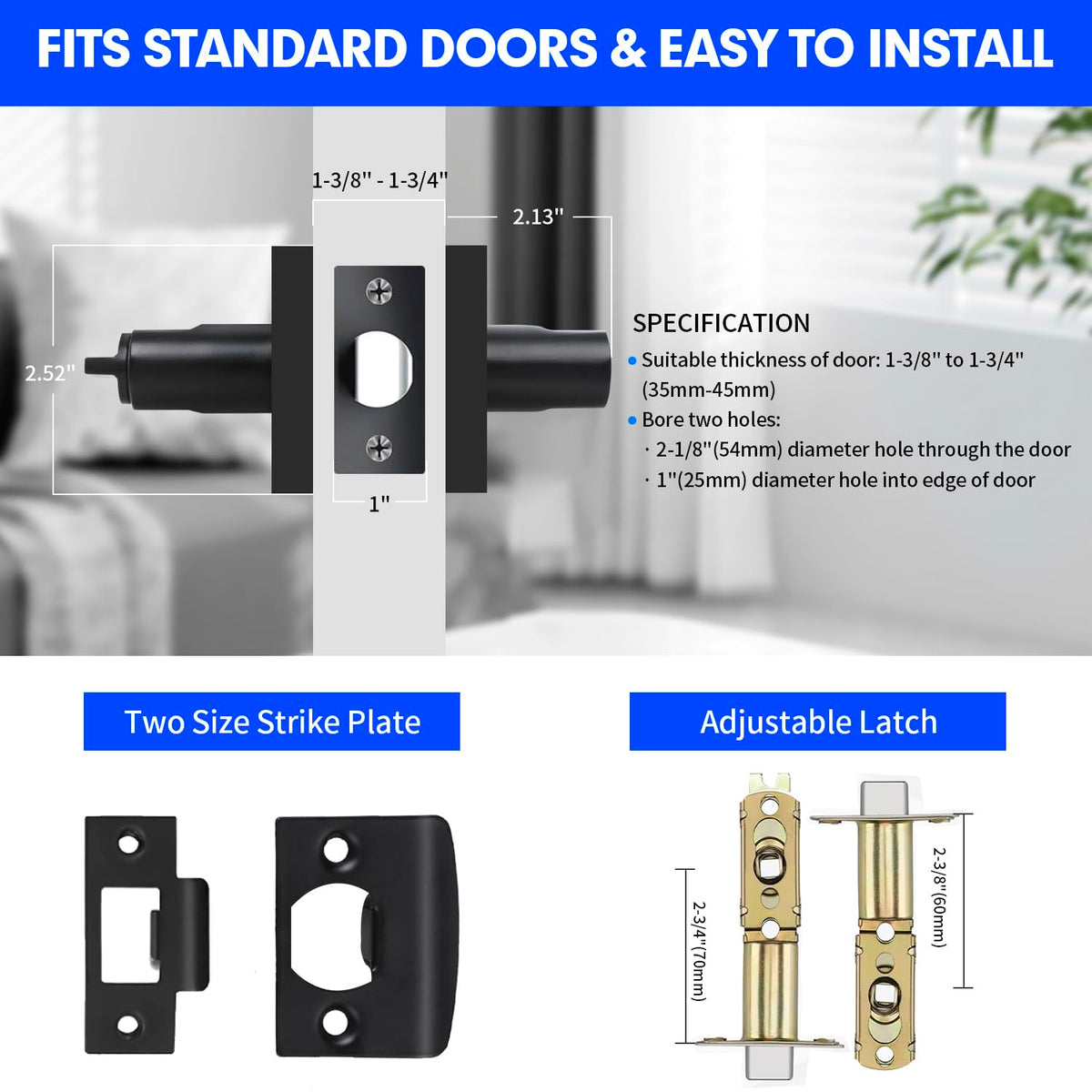 Privacy Door Levers, 1 Pack Black Door Handles Heavy Duty Bed and Bath Door Knobs Interior Keyless Door Locksets