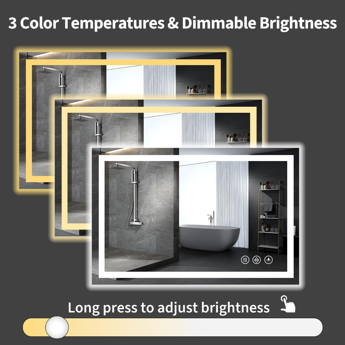 60x28 LED Bathroom Mirror with Light, Anti-Fog, 3 Colors