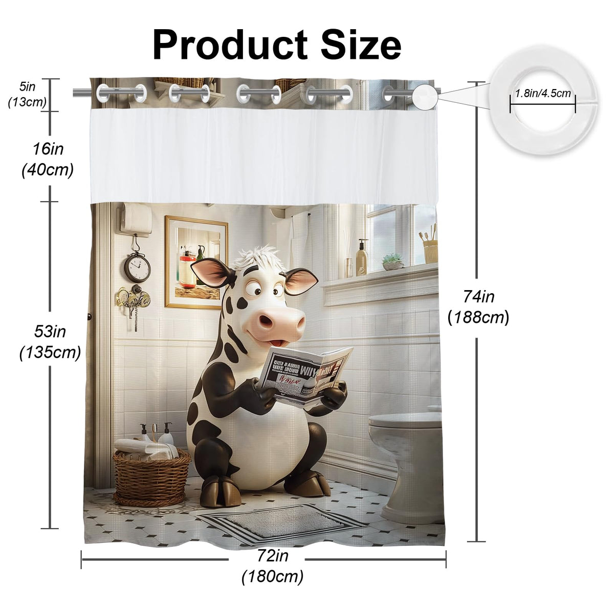 Funky Funny Cow Theme No Hook Waffle Weave Shower Curtain with Snap in Liner Cute Modern Aesthetic Bathroom Decor Set