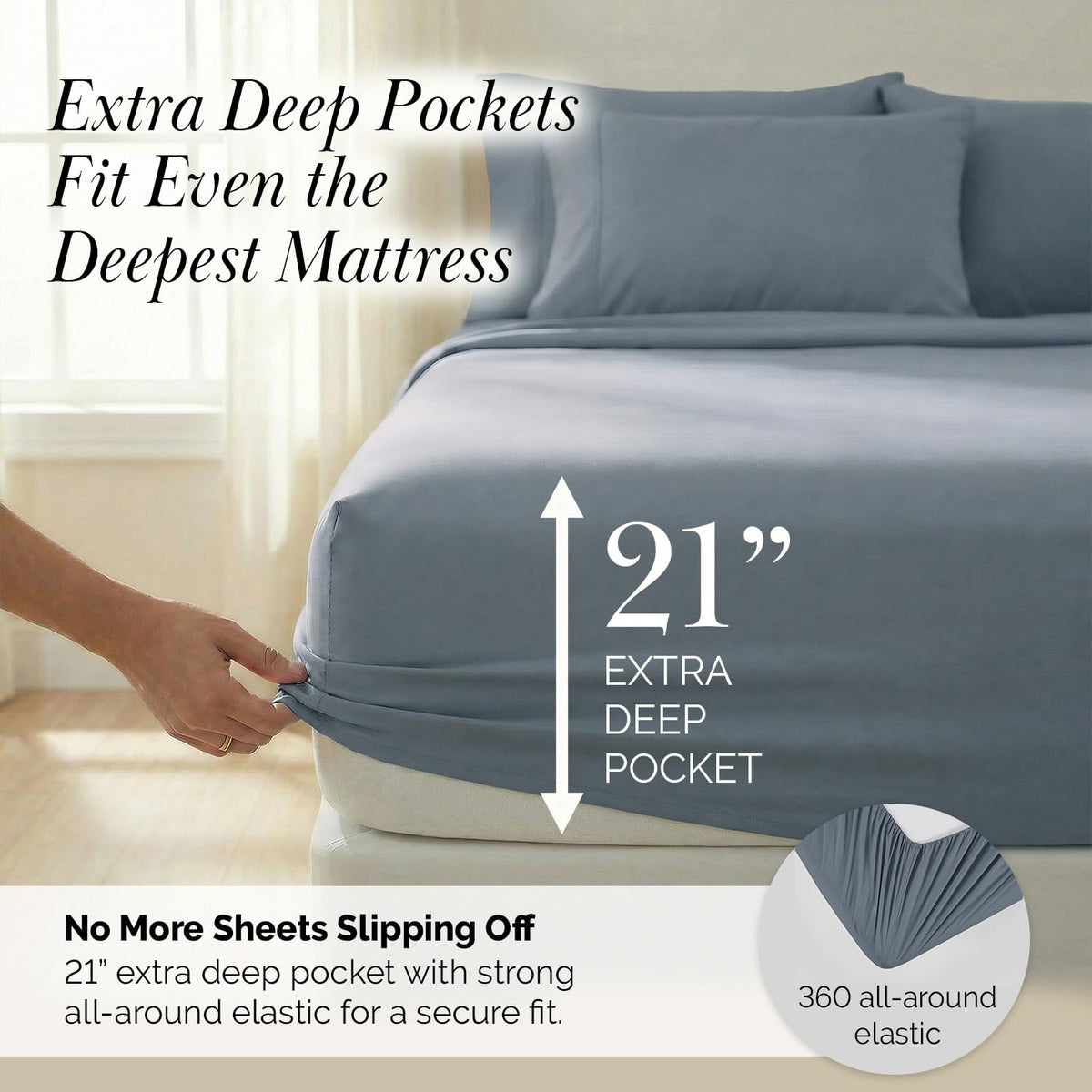 Embroidered Hem Deep Pocket Sheet Set Soft 2 Pillow Cases Slate Blue