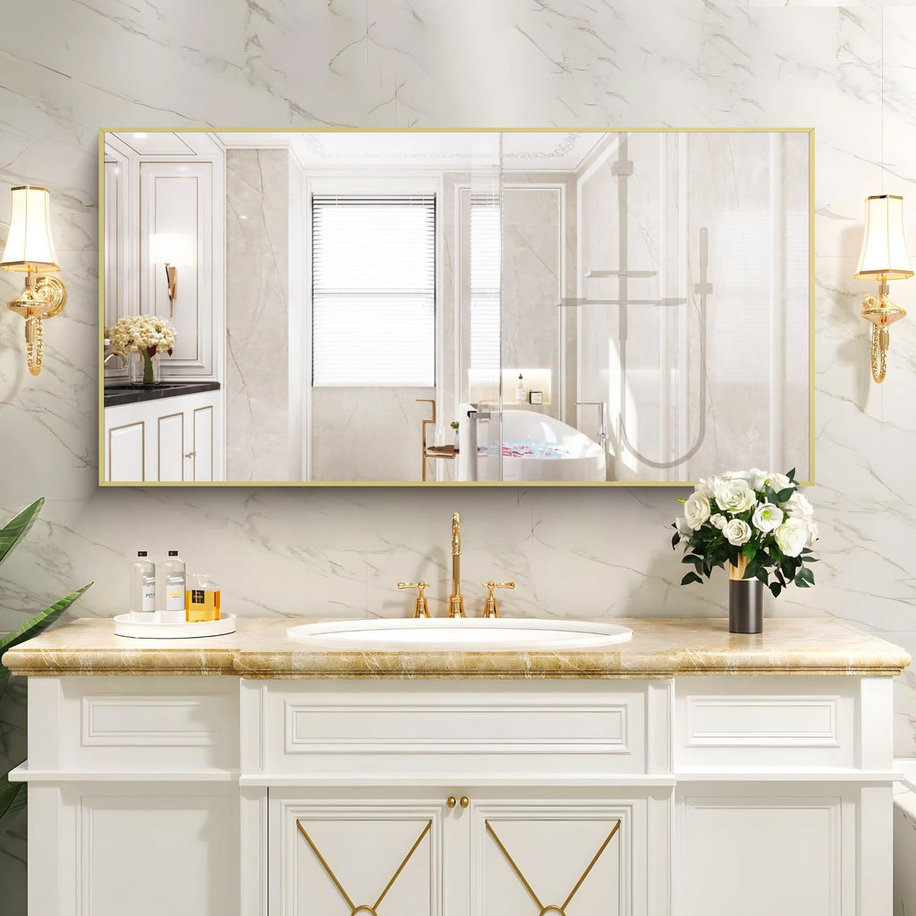 Gold Bathroom Mirror for Wall, Brushed Gold Rectangle Mirrors with Metal Frame, Bathroom Rectangular Mirror