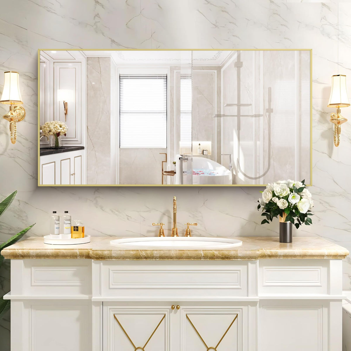 Gold Bathroom Mirror for Wall, Brushed Gold Rectangle Mirrors with Metal Frame, Bathroom Rectangular Mirror