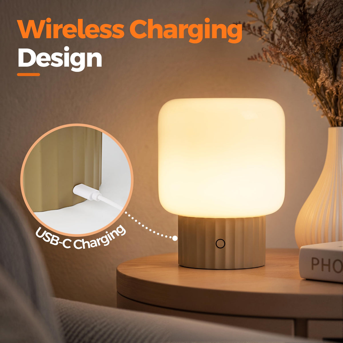 Mushroom Lamp, Cordless Rechargeable Table Lamp with Glass Shade, 3 Color Temperatures & Stepless Dimming, 5200mAh